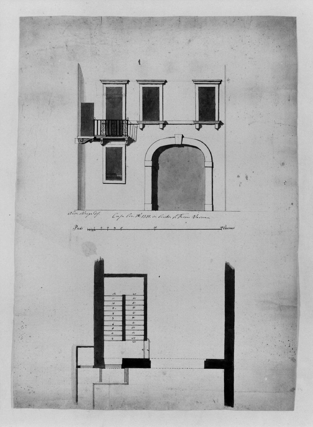 prospetto e pianta di edificio (disegno, serie) di Monga Andrea (prima metà sec. XIX)