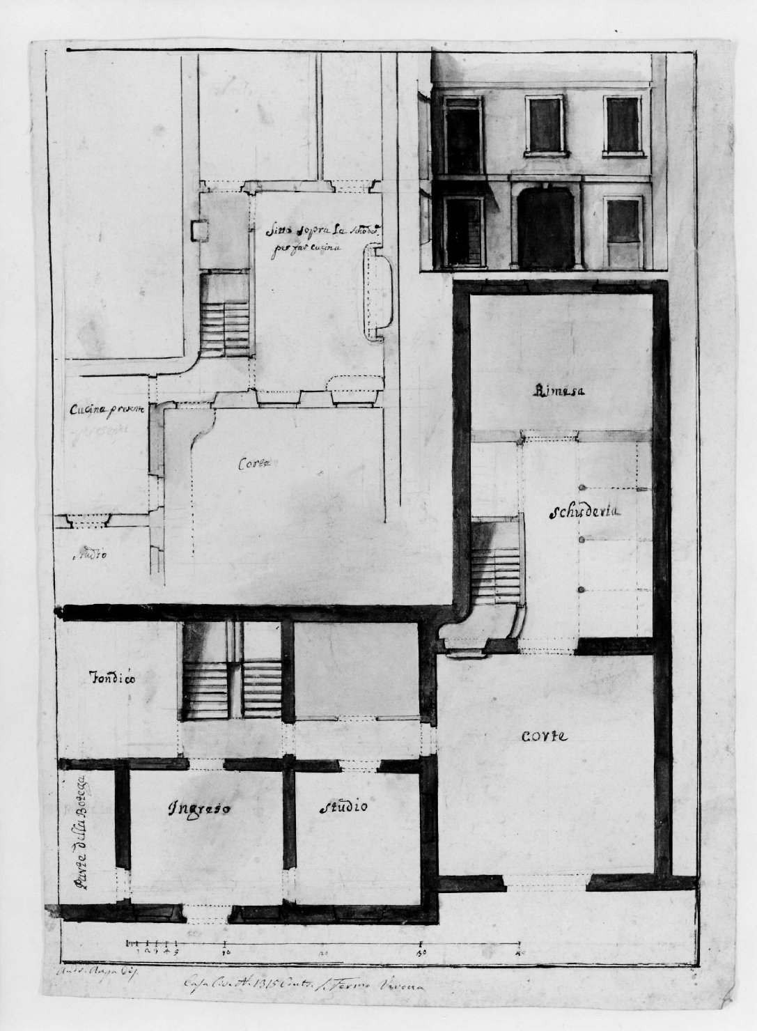 prospetto e pianta di edificio (disegno, serie) di Monga Andrea (prima metà sec. XIX)