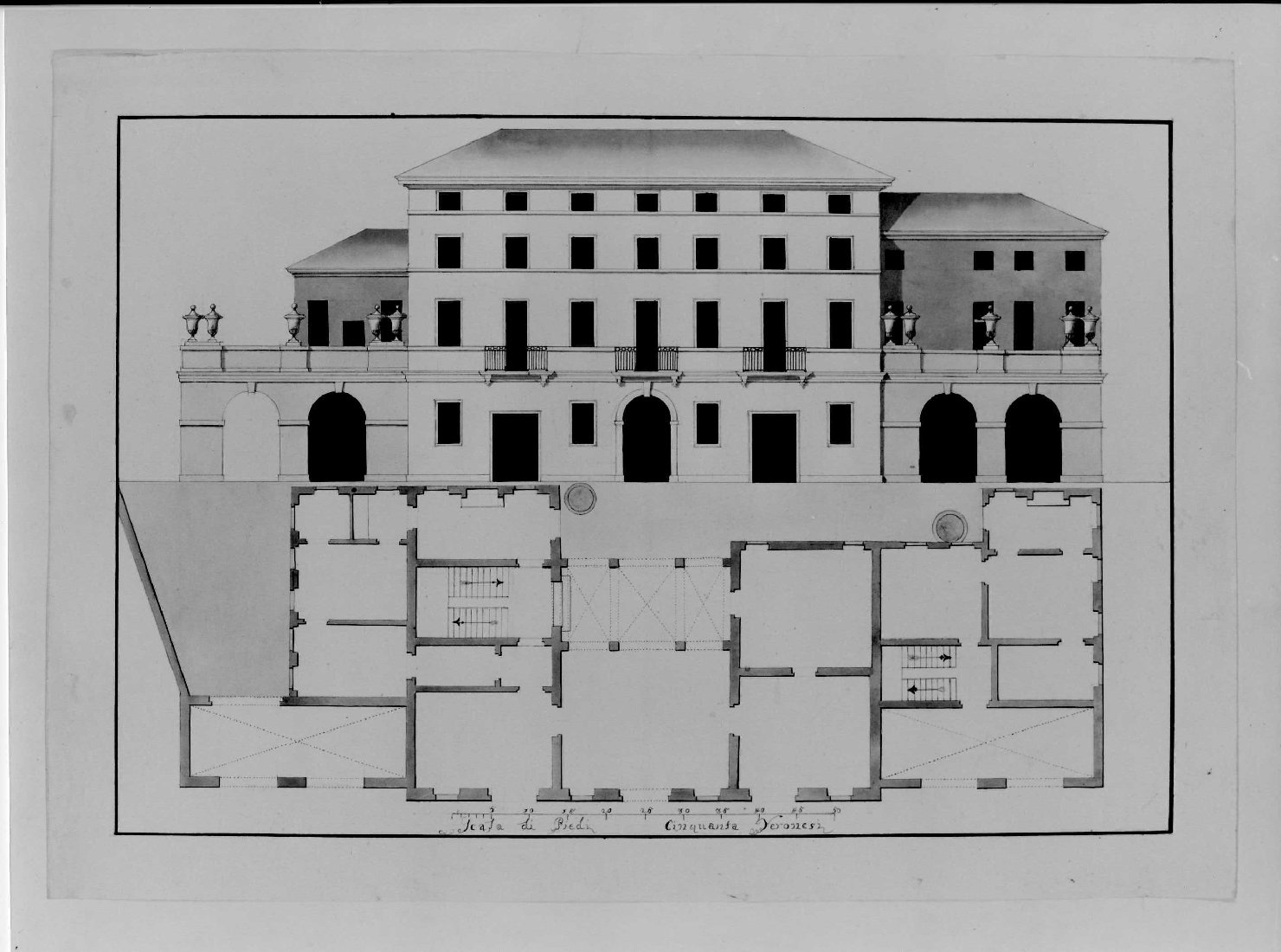 prospetto e pianta di edificio (disegno) di Avesani Gaetano (attribuito) (prima metà sec. XIX)