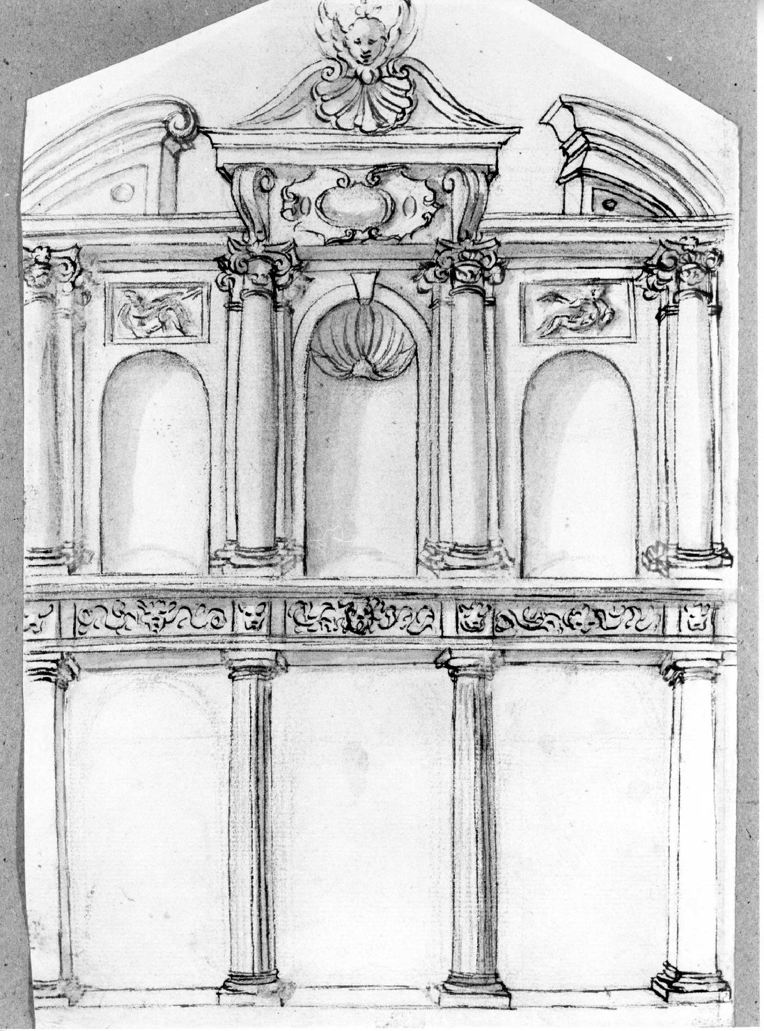 prospetto di edificio (disegno) di Farinati Paolo (bottega) (seconda metà sec. XVI)