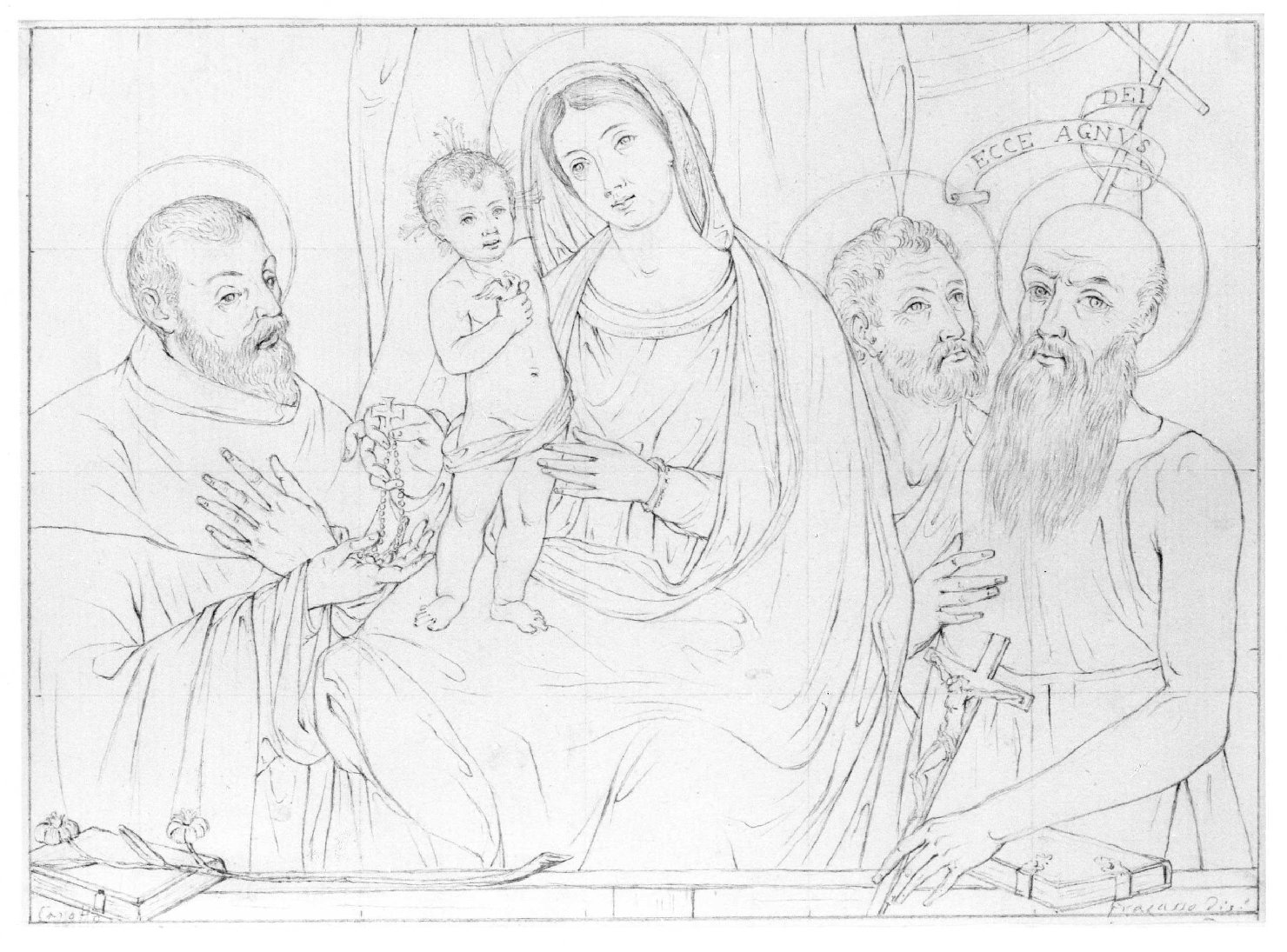 Madonna con Bambino, San Domenico, San Pietro, San Giovanni Battista (disegno) di Fracasso Giovanni (inizio sec. XIX)