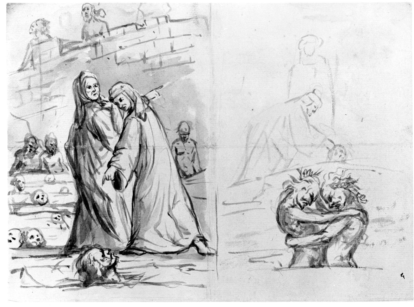Dante e Virgilio sul ghiaccio del Cocito (disegno) di Nanin Pietro (metà sec. XIX)