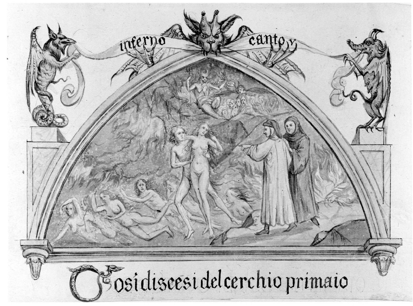 Dante, Virgilio, Paolo e Francesca (disegno) di Nanin Pietro (metà sec. XIX)