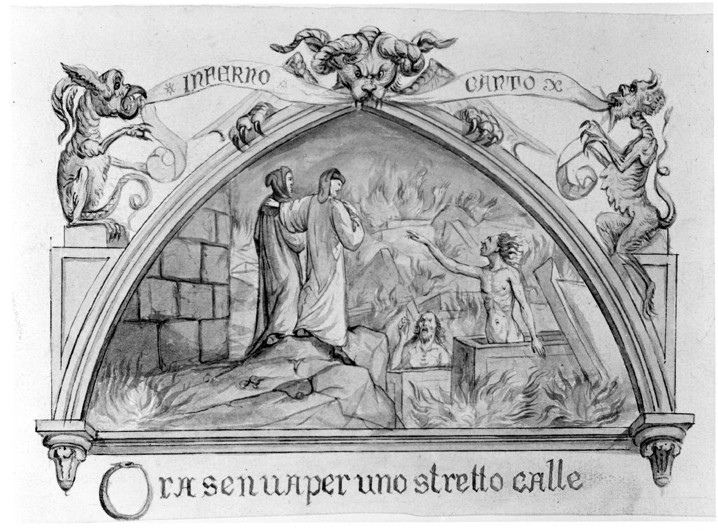 Dante, Virgilio e Farinata degli Uberti (disegno) di Nanin Pietro (metà sec. XIX)