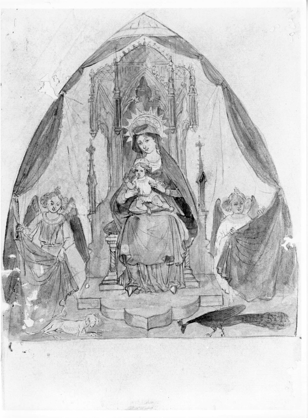 Madonna con Bambino in trono tra angeli reggicortina (disegno) di Nanin Pietro (metà sec. XIX)