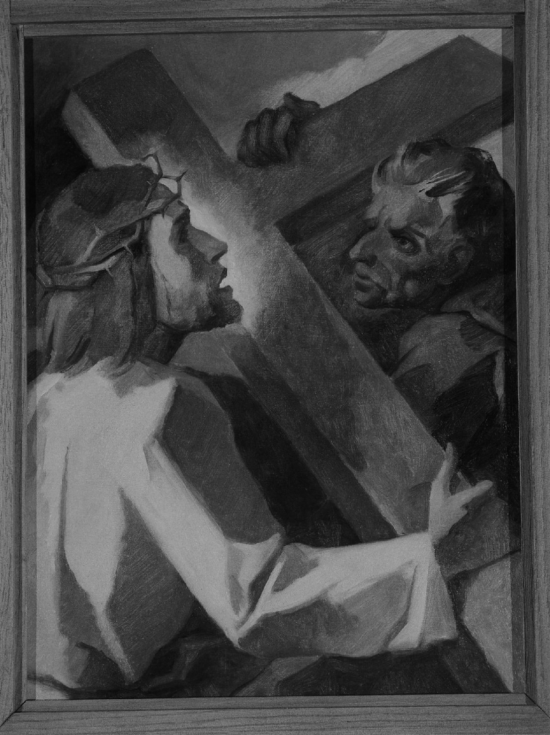 Gesù è caricato della croce, stazioni della via crucis (dipinto, serie) di Modolo Giuseppe (sec. XX)