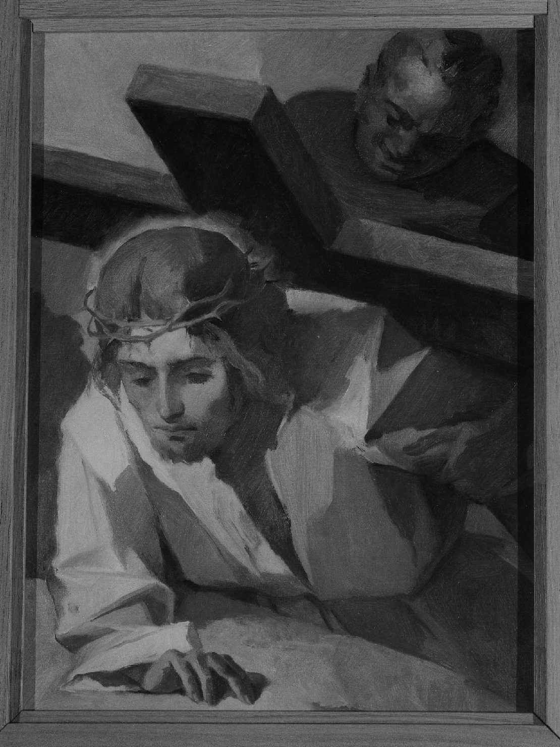 Gesù cade per la prima volta, stazioni della via crucis (dipinto, serie) di Modolo Giuseppe (sec. XX)