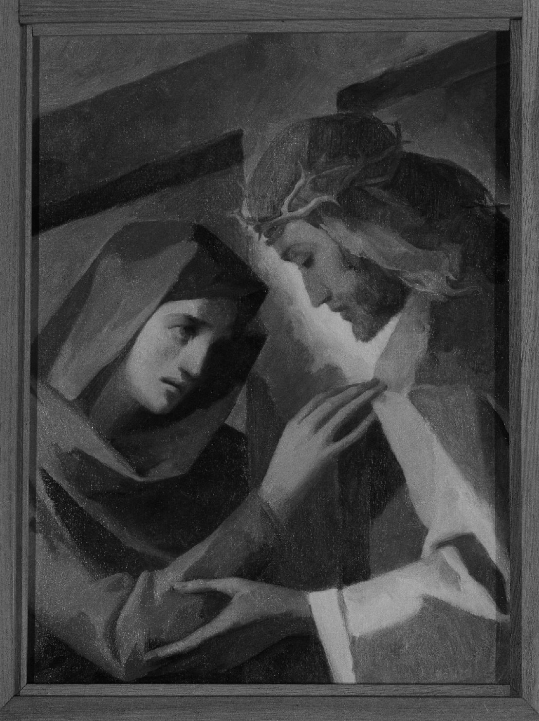 Gesù incontra sua madre, stazioni della via crucis (dipinto, serie) di Modolo Giuseppe (sec. XX)