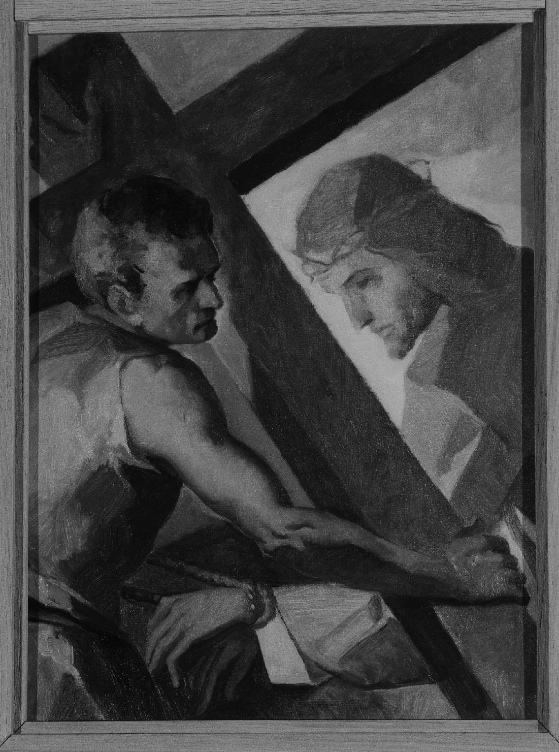 Gesù aiutato dal cireneo a portare la sua croce, stazioni della via crucis (dipinto, serie) di Modolo Giuseppe (sec. XX)