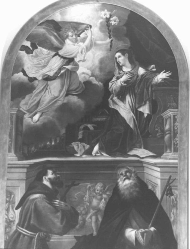 Annunciazione/ San Francesco d'Assisi/ Sant'Antonio Abate (dipinto) di Semplice Da Verona ( Fra' ) (sec. XVII)